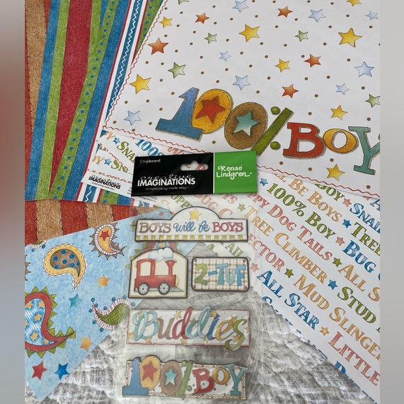 ⭐️ CREATIVE IMAGINATIONS “BOYS WILL BE BOYS” CHIPBOARD & SCRAPBOOK PAPER BUNDLE. - Picture 2 of 11